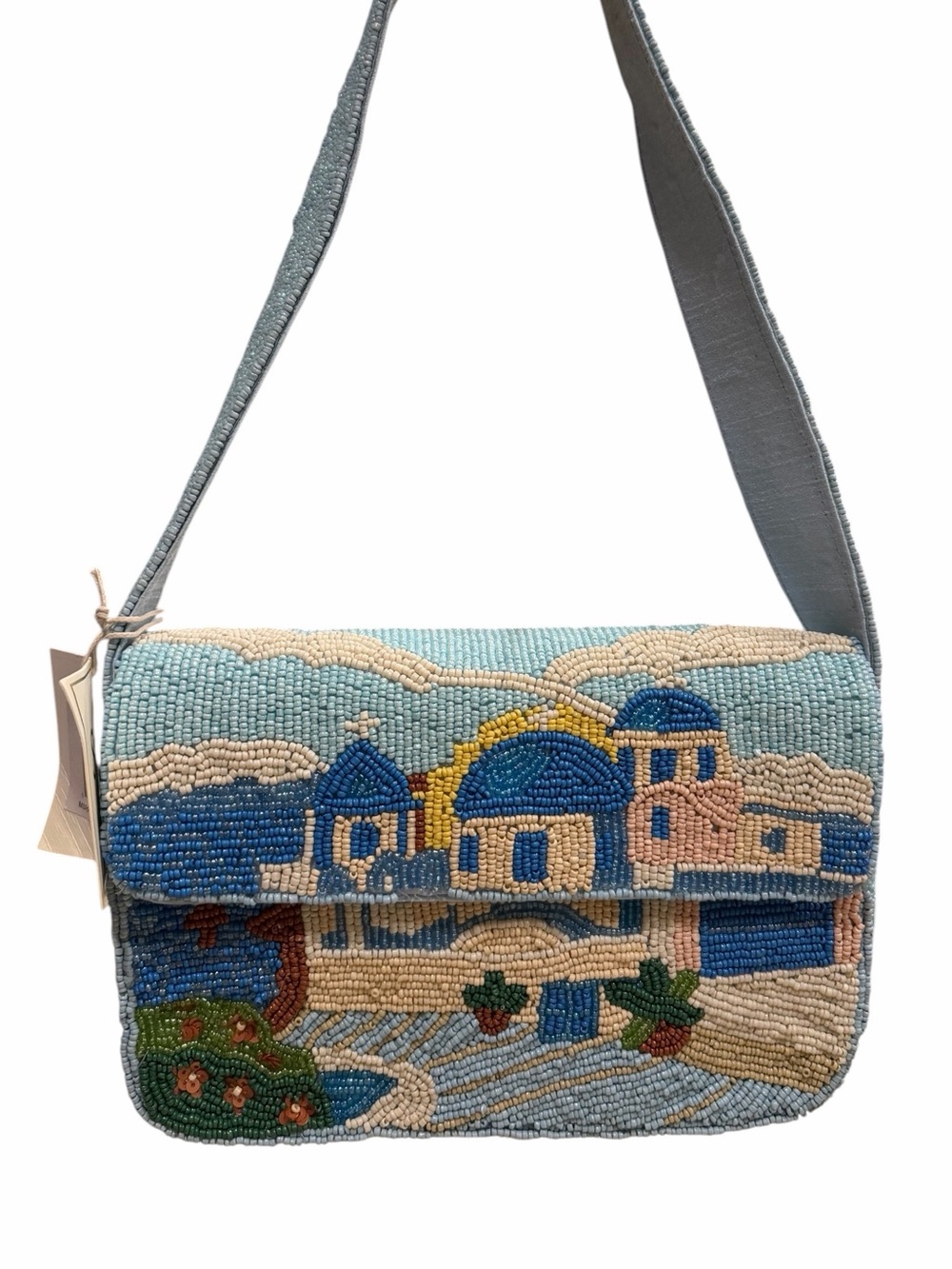 Greece Beaded Mediterranean Scene Shoulder Bag in Light Blue
